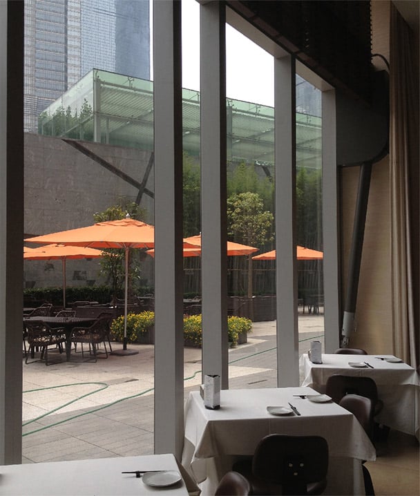Plaza-level restaurant had glass designer doors fabricated with galvanized steel and specially painted.