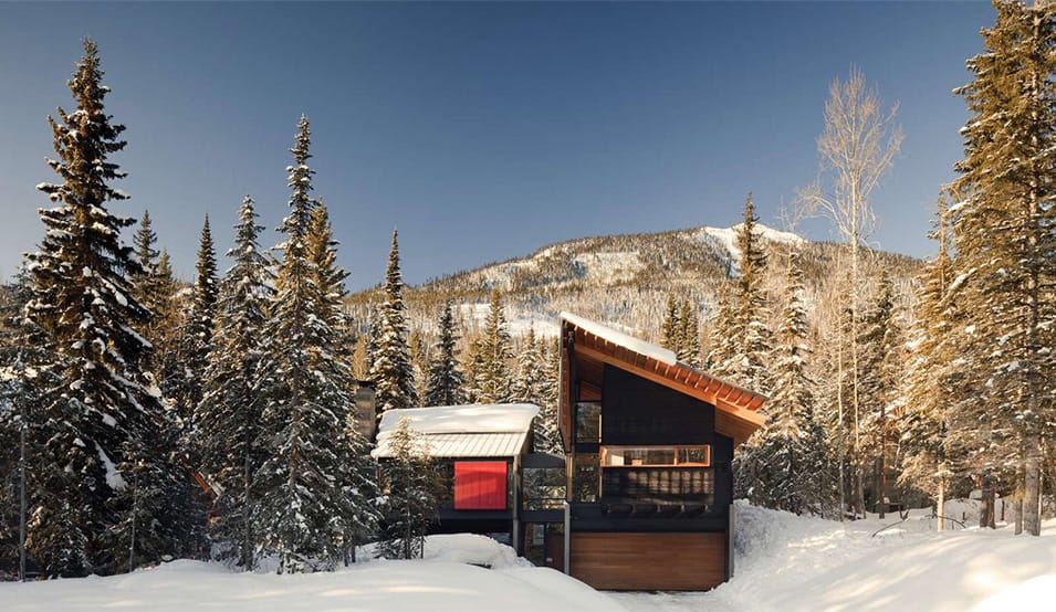 Distanced view of Kicking Horse Ski Resort fitted with custom Schweiss hydraulic door with wood cladding