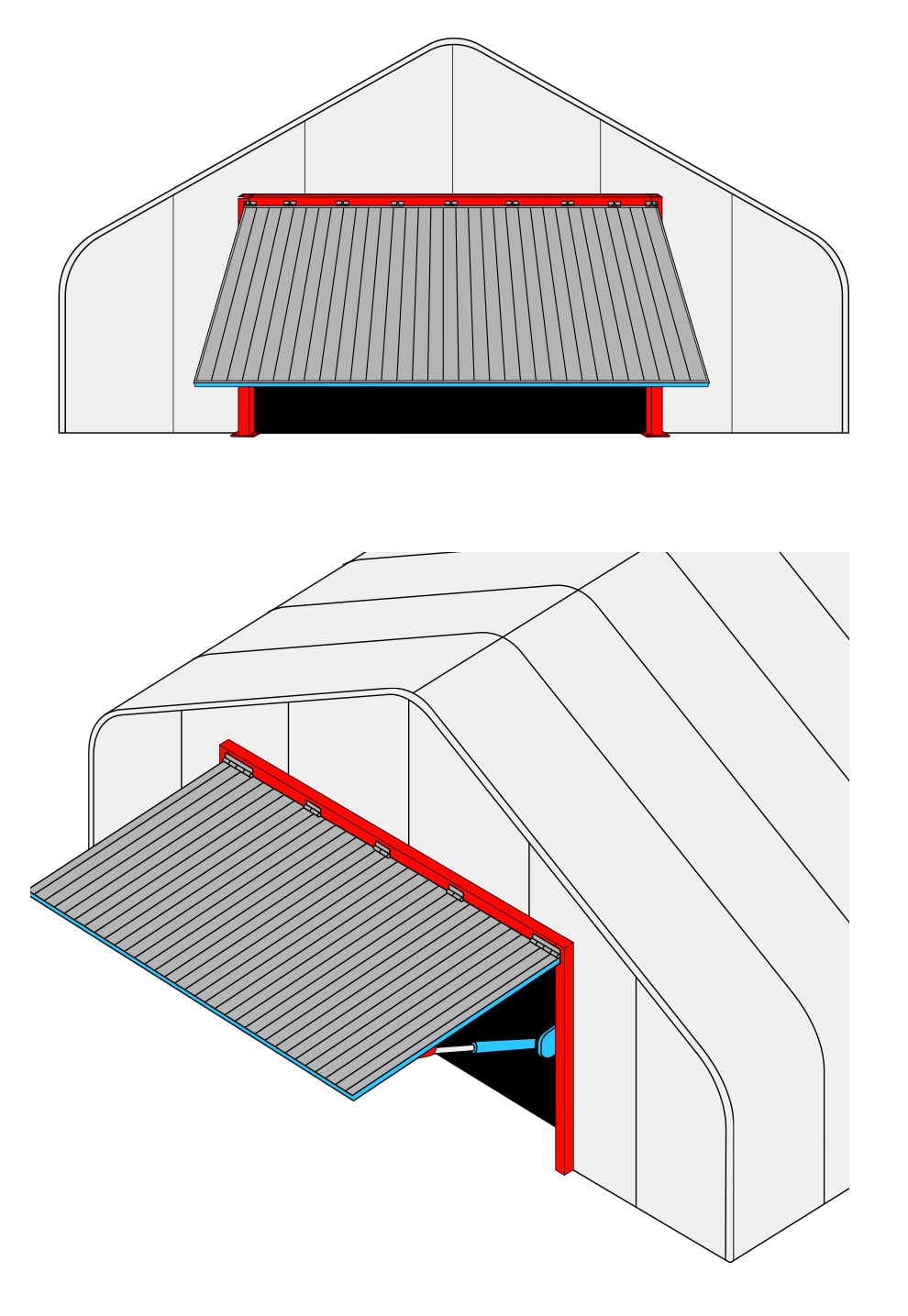 Diagram of endwall hydraulic door on hoop building