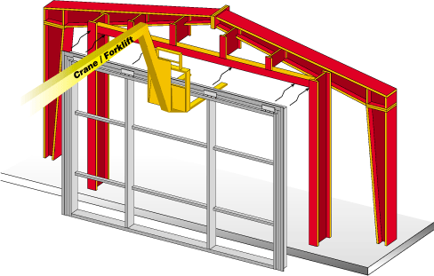 Crane Lifting a Schweiss one-piece hydraulic Door into place