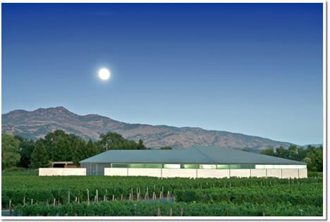 A California Napa Valley Moon and lights within the vineyard shop give the buildings a distinctive glow.