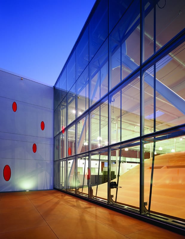 red glass door