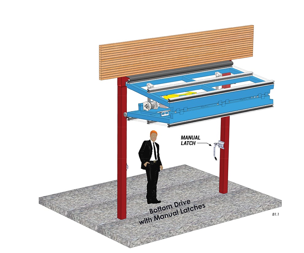 Overview of bottom drive with manual latches