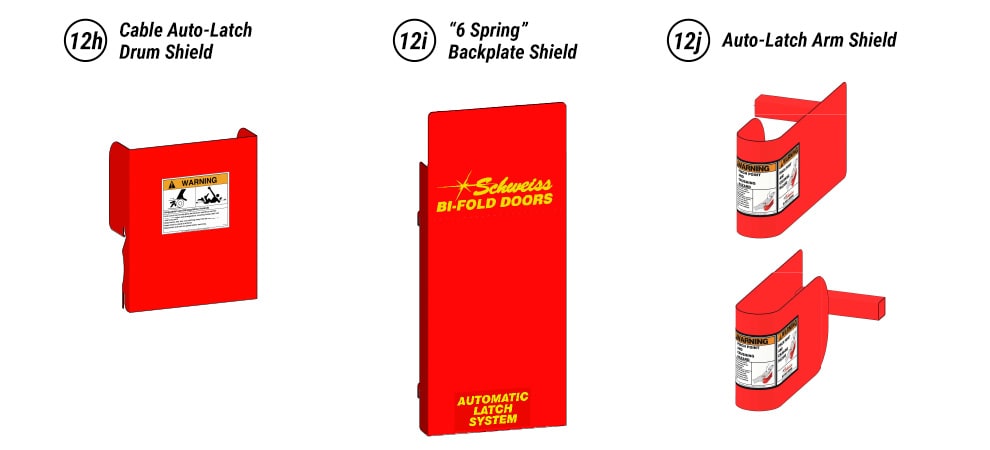 Shields for Auto Latch Arms, Cable Auto-Latch Drums, and Backplate Shields for Bifold Doors