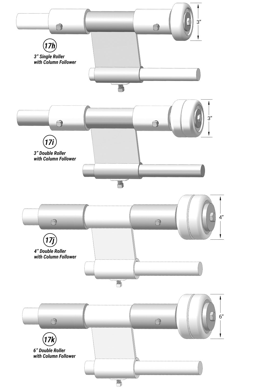 4&rdquo; or 6&rdquo; Double Roller with Column Follower for Specialty Glass Designer Doors