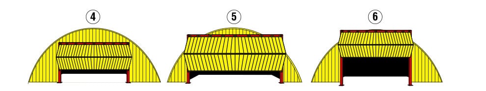Round roof buildings with Schweiss bifold door attached to freestanding header