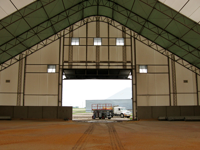 inside view of open bifold door on fabric building