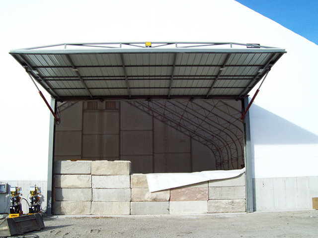 hydraulic door in open position on fabric building