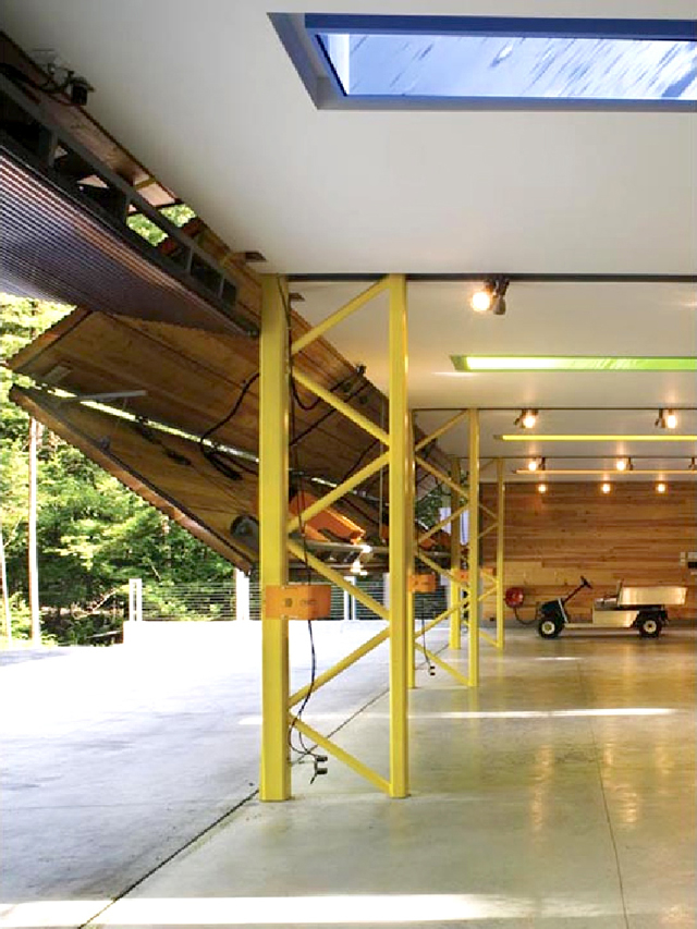 inside view of lake home with bifold garage doors