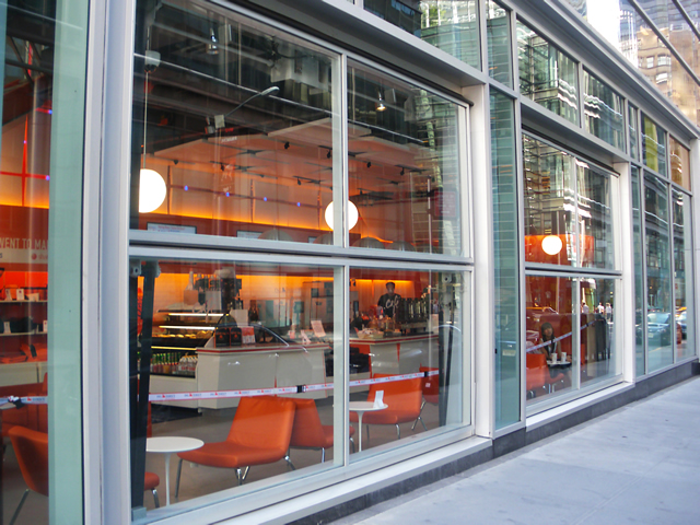 Outside of new york restaurant with two glass bifold doors