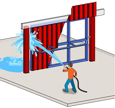 Water test diagram demonstrates a tilt-up door leaking water through the side door columns