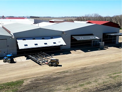 Overhead view from drone of the Schweiss Doors factory, where multiple bifold and hydraulic doors are built every single day