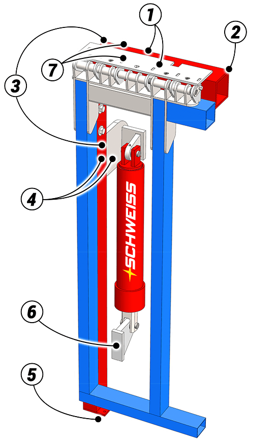 Diagram of a Schweiss subframe with labeled pieces of the system