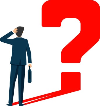 Man in suit staring at question mark while showing signs of confusion