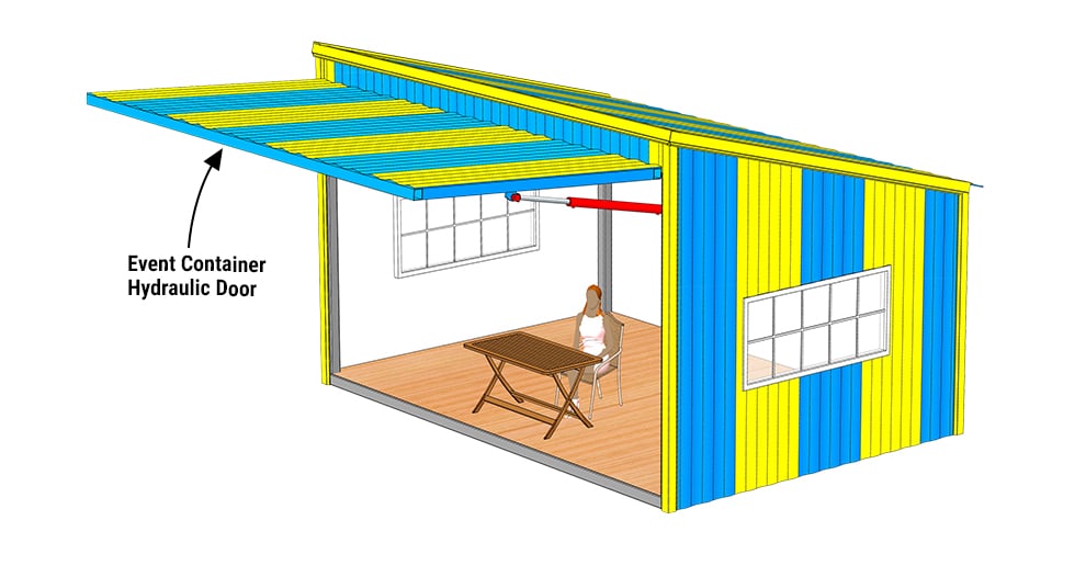 Front-opening Containers with hydraulic awning/door as multi-purpose event space