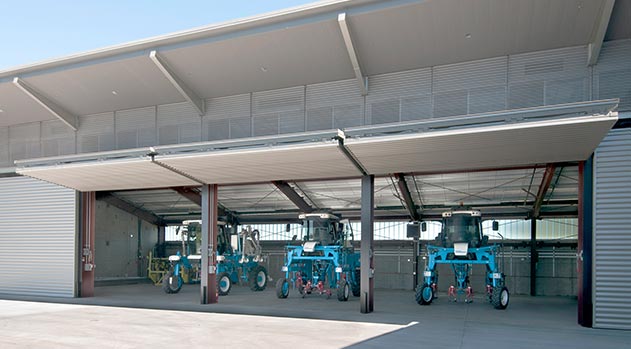 Winery has both Bifold and Hydraulic Doors from Schweiss that give buildings a uniform professional look