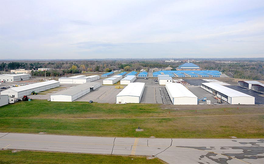 Bird's Eye view of 80 Schweiss Lift Strap bifold doors on the T-hangar at Oshawa Airport