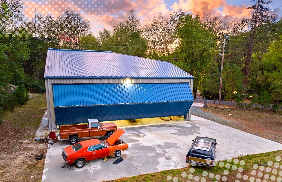 Overhead view of Schweiss bifold door fitted on custom auto mechanic shop