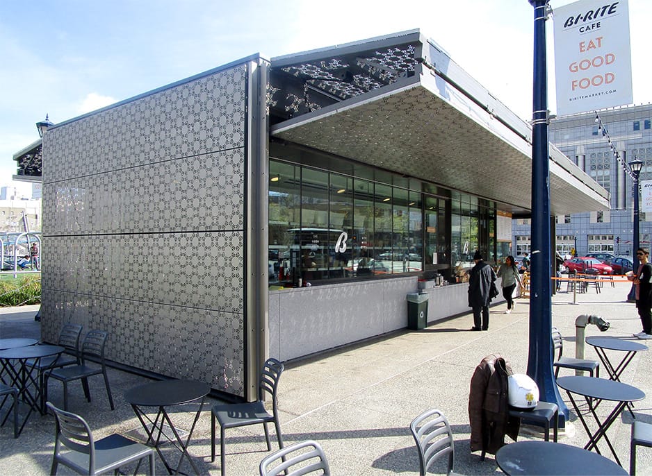 View of Bi-Rite Cafe showing their multiple Schweiss bifold doors in varying positions