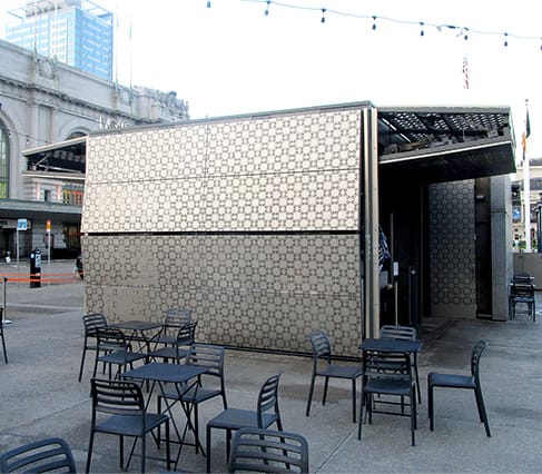 View of Schweiss bifold door on the side of Bi-Rite Cafe shown in the closed position