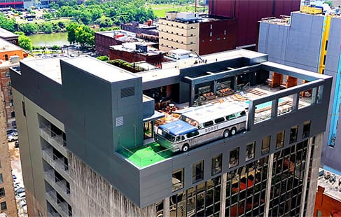 Overhead view of the Greyhound bus on top of Bobby Hotel
