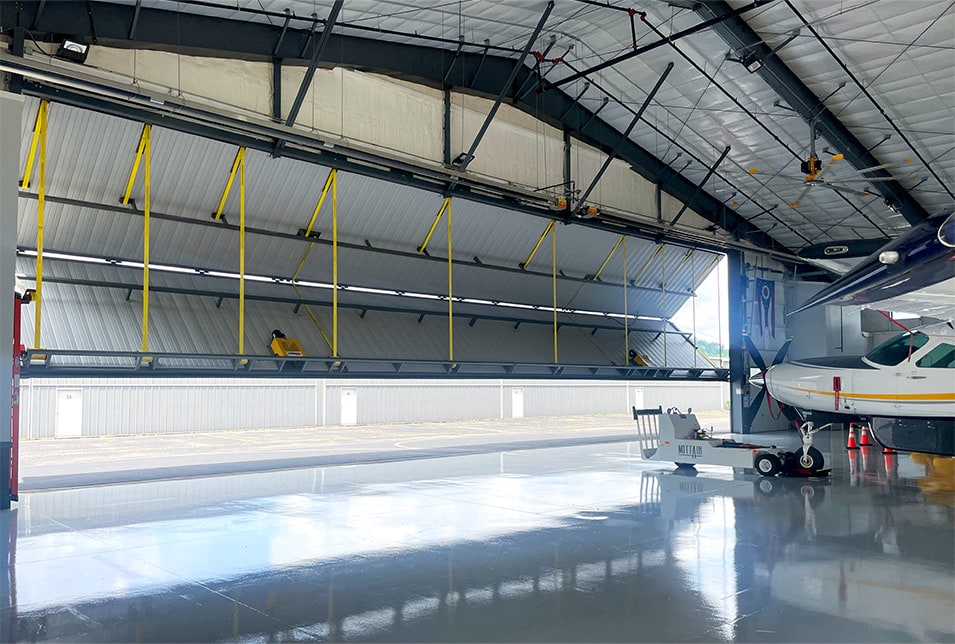Interior view of Schweiss bifold door fitted on hangar owned by Brad Mottier