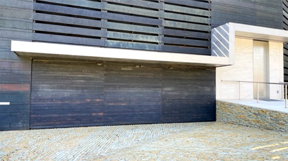Interior view of Schweiss hydraulic door fitted on Brad Mottier's home shown closed