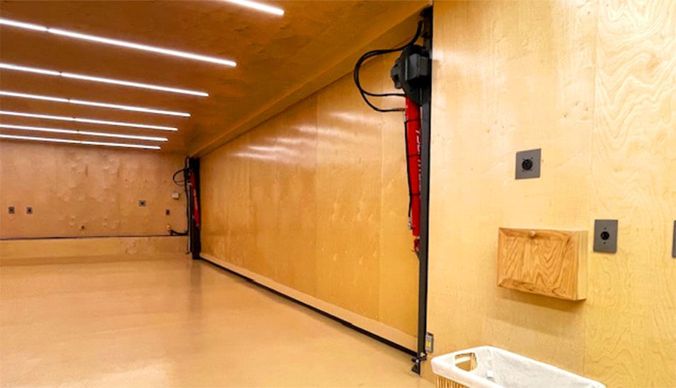 Interior view of Schweiss hydraulic door fitted on Brad Mottier's home shown closed