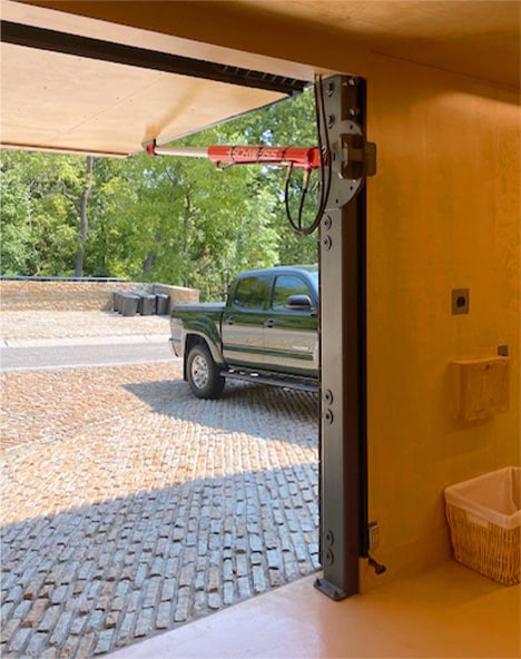 Interior view of Schweiss hydraulic door fitted on Brad Mottier's home shown open