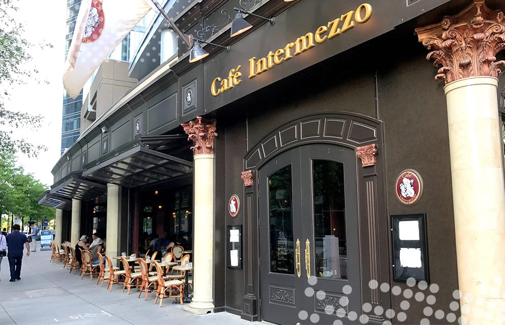 View of Cafe Intermezzo storefront which utilizes multiple Schweiss bifold doors