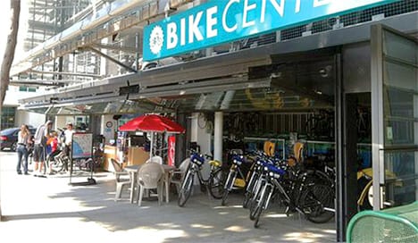 Schweiss bifold doors installed on bike transit in California shown fully open