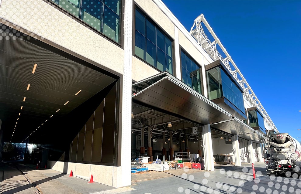 Multiple Schweiss bifold doors fitted on Boston's Commonwealth Pier viewed from the left