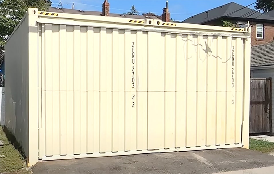 Exterior view of Schweiss container door fitted on container garage shown closed