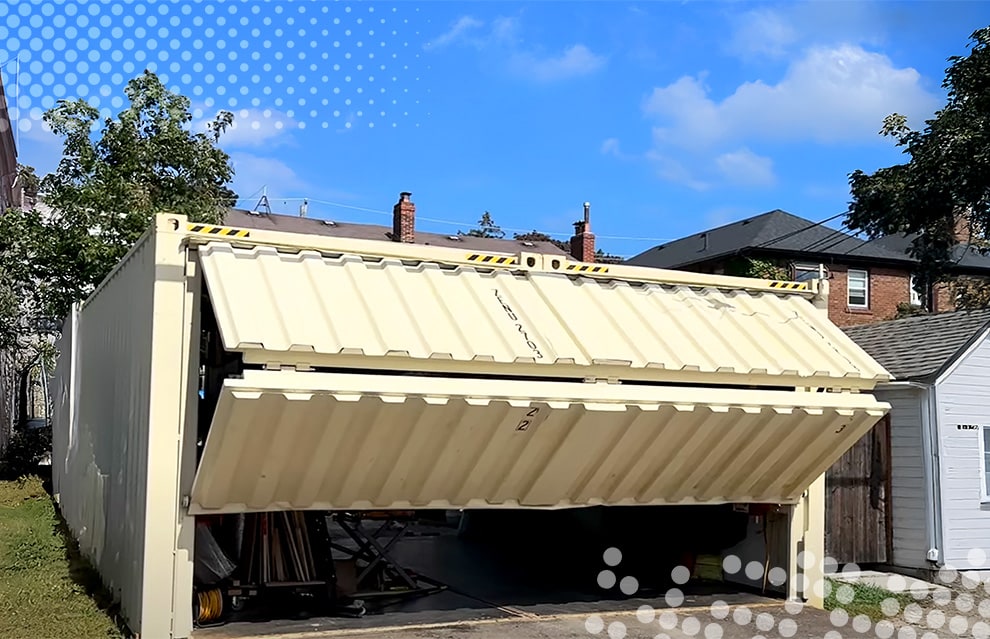 Exterior view of Schweiss container door fitted on container garage shown opening