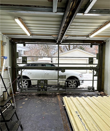 Interior view of Schweiss container door frame fitted on container garage shown closed