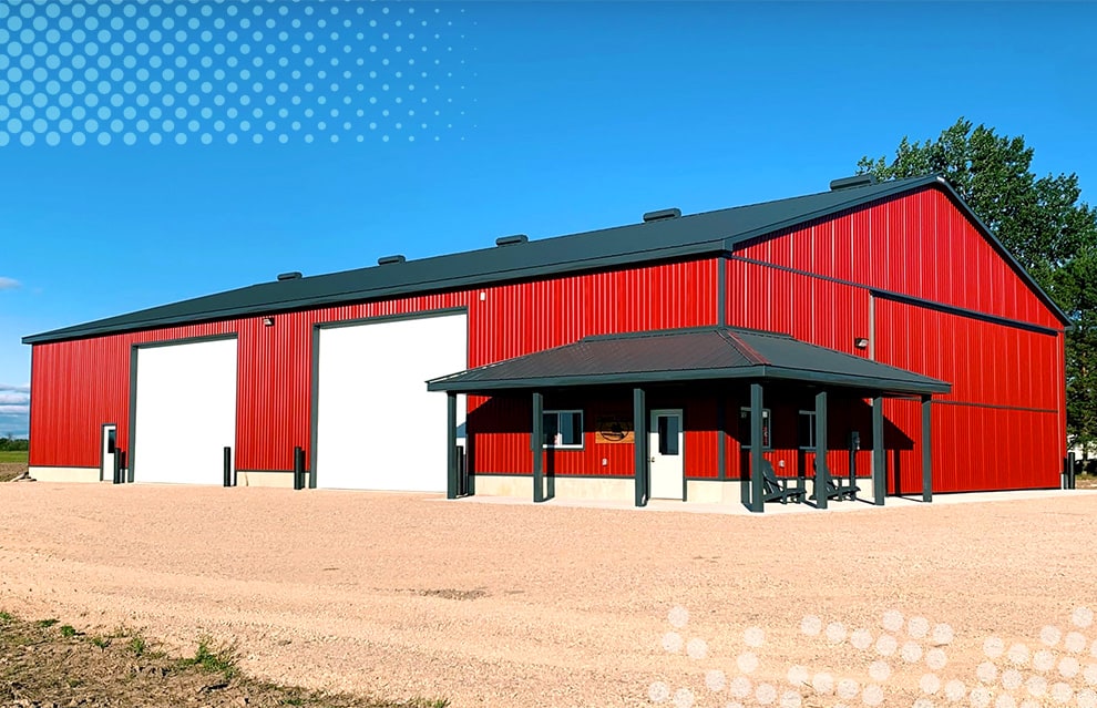 Wide shot of machine shed on Devitt Farms fitted with a Schweiss bifold door