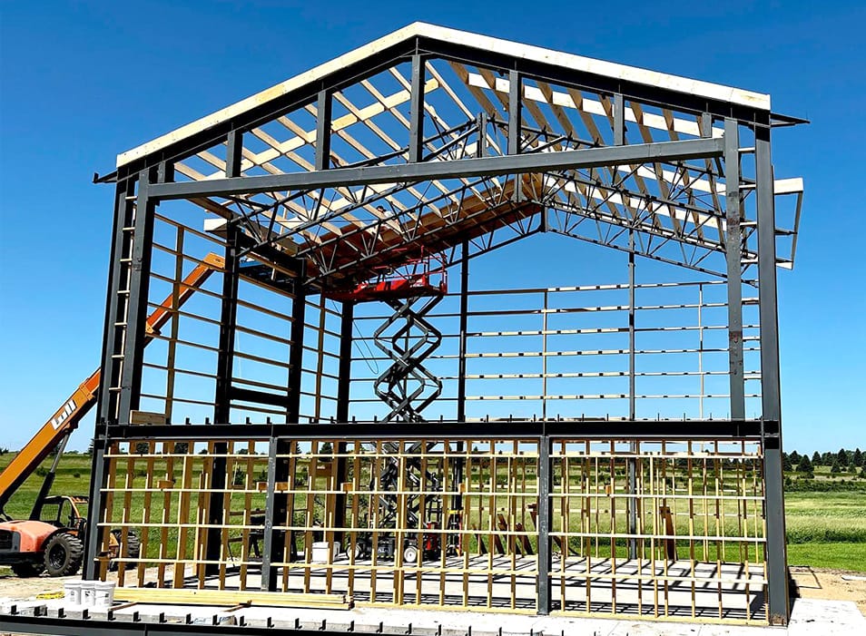 Frontal view of the frame for the Drive-In Church during its construction