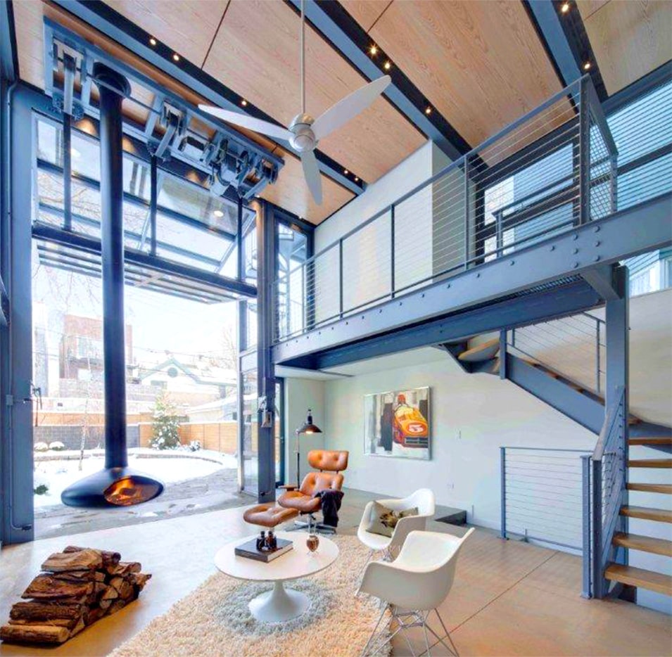 Interior view of Schweiss bifold door fitted on renovated home by dSpace Studios shown open