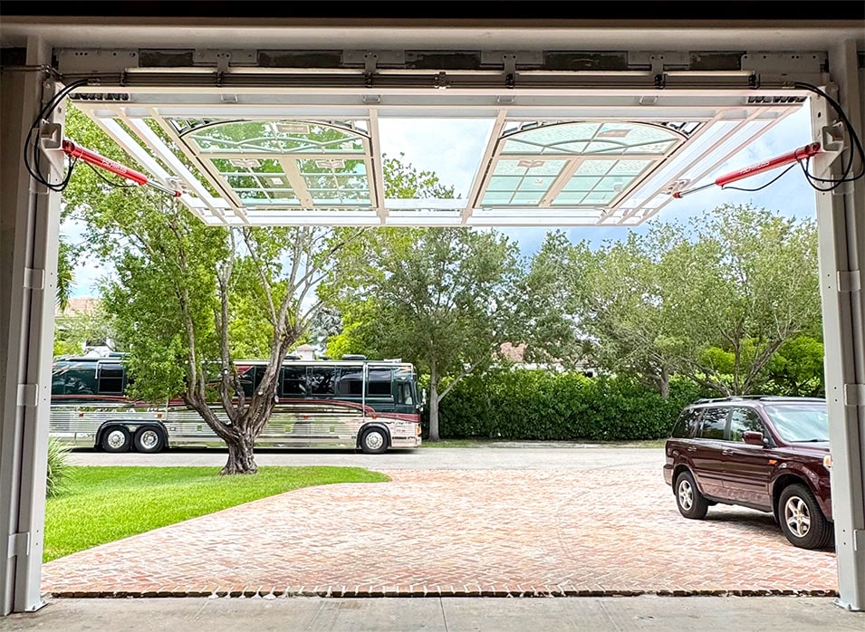 Interior view from front of hidden Schweiss hydraulic door shown open on Frank Vital's RV garage in Fort Lauderdale