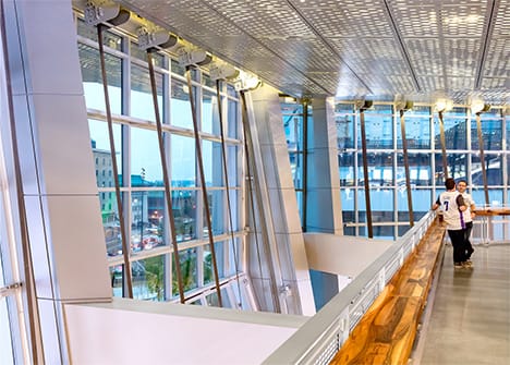 Interior view of multiple Schweiss bifold doors installed at Golden 1 Center shown closed