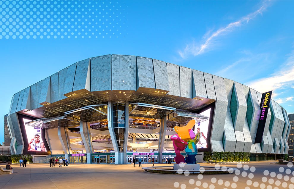 Multiple Schweiss bifold doors installed on Golden 1 Center in Sacramento, CA shown fully open