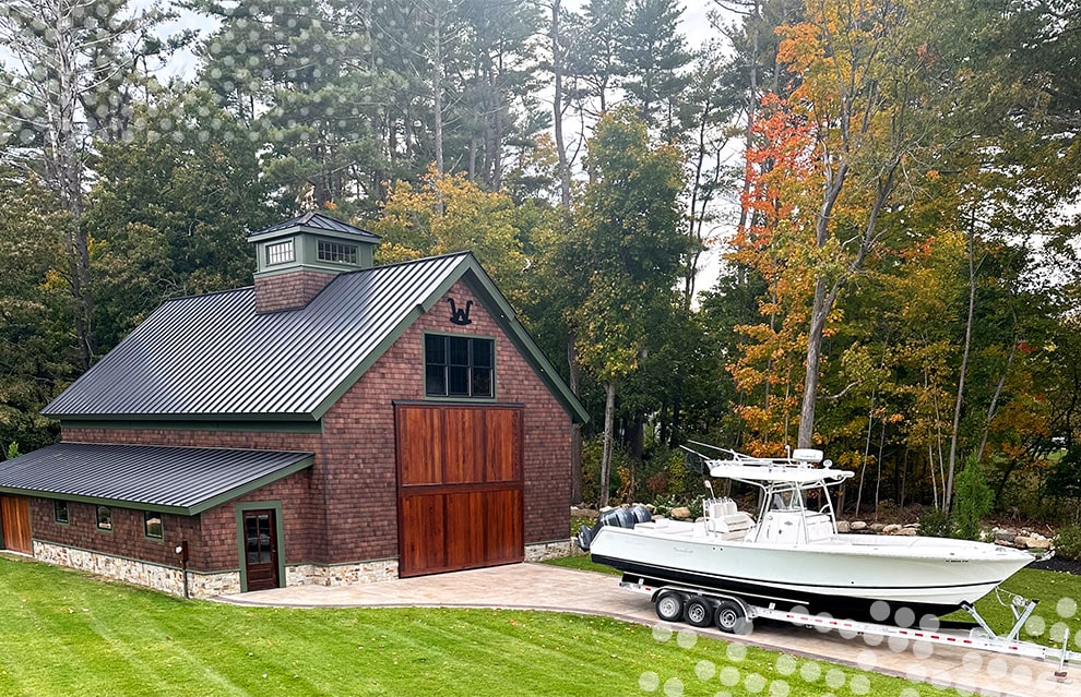 Schweiss bifold door installed on Greg Webb's boat barn shown closed