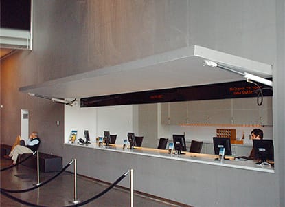 Schweiss hydraulic door used as window on ticket booth at Guthrie Theater