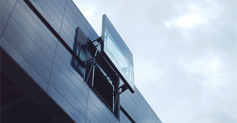 Schweiss hydraulic door used as window on Guthrie Theater observation platform viewed from below