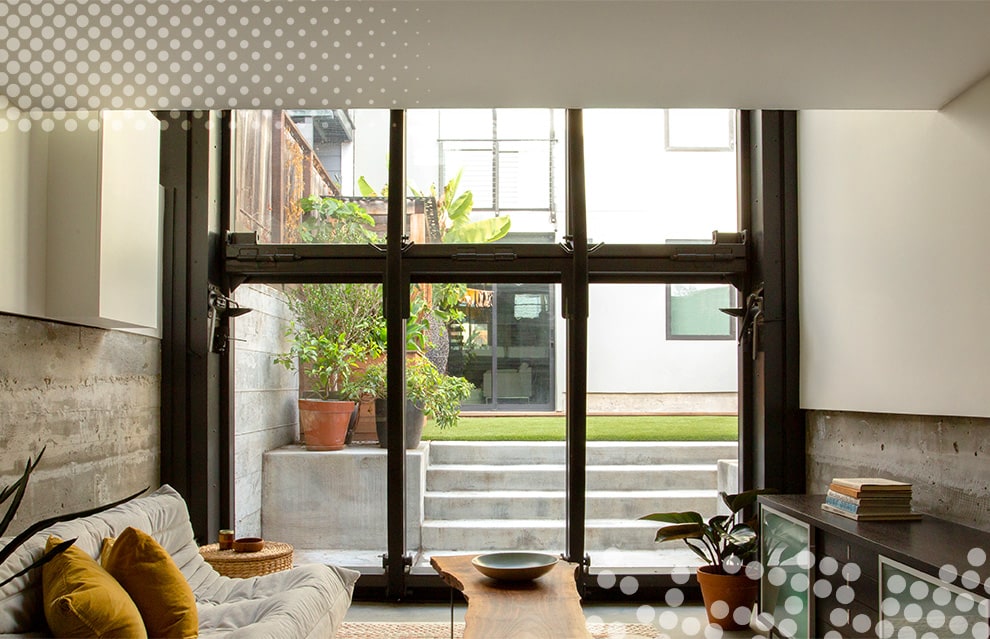 Head-on view of Schweiss bifold door fitted on a designer home from the interior
