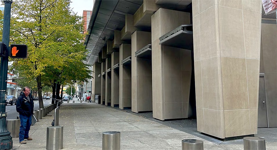 Hatfield Courthouse after recent renovations, all damage repaired and now sporting seven Schweiss security bifold doors to prevent future damage