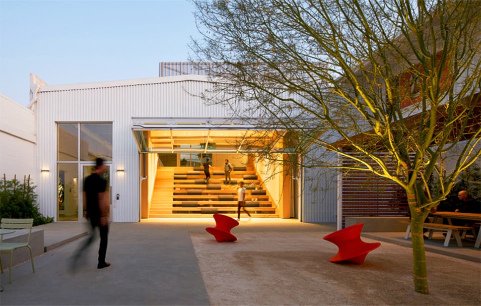 Exterior view of Schweiss bifold door installed on Headspace's headquarters, seen from The Lookout