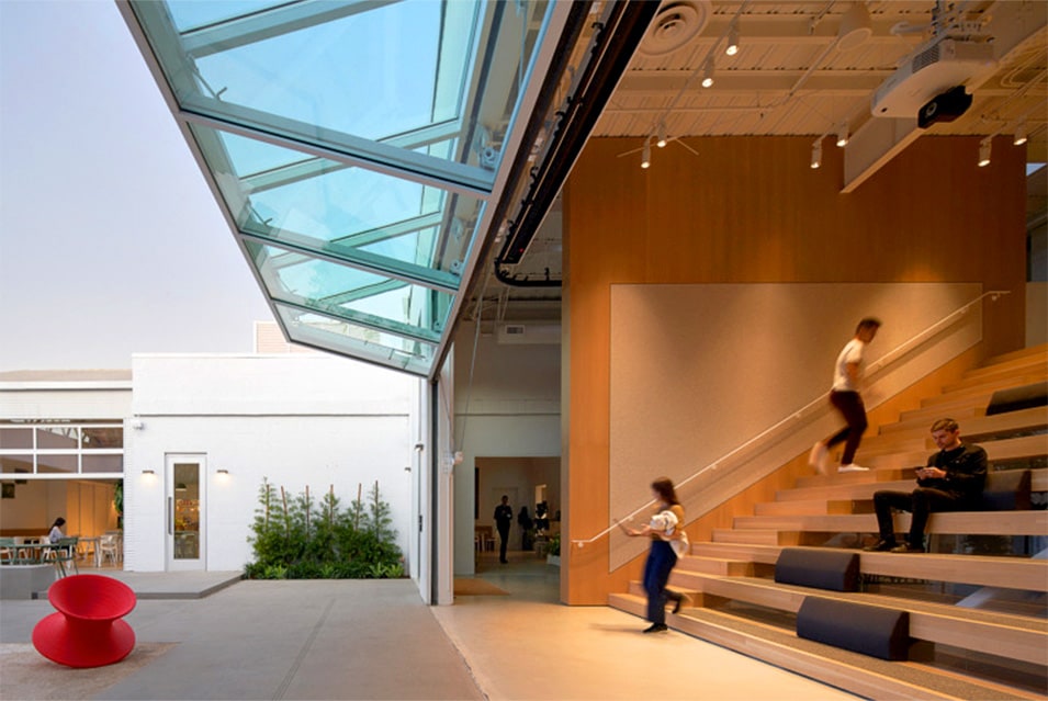 Side view of Schweiss bifold door installed on Headspace's headquarters