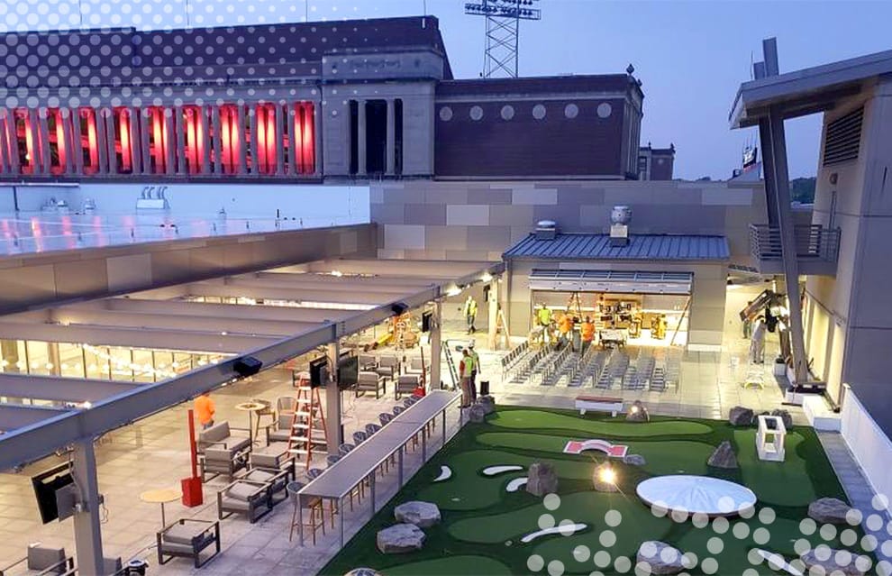 Wide view of University of Illinois' Memorial Stadium Performance Center where multiple custom Schweiss glass bifold doors are installed