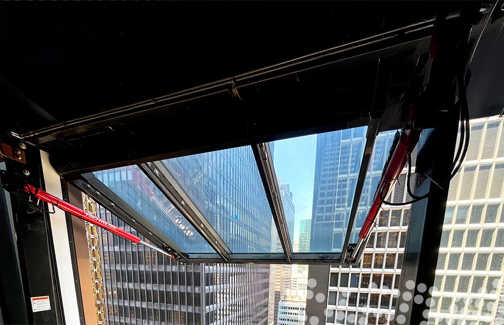 Schweiss hydraulic door fitted on JP Morgan's 60-story skyscraper headquarters shown open